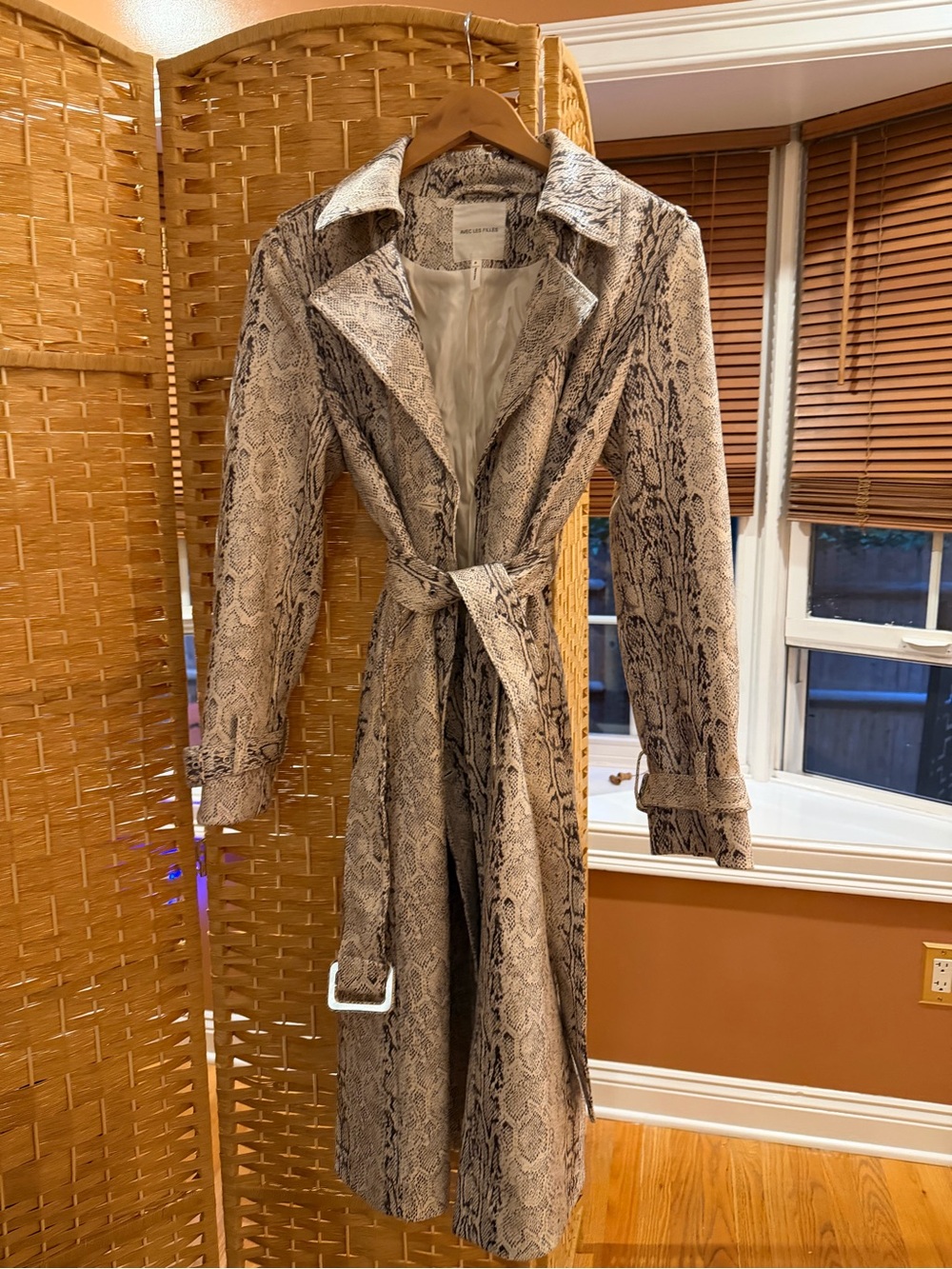 Avec Les Filles Snake-Print Trench Coat in Neutral Taupe